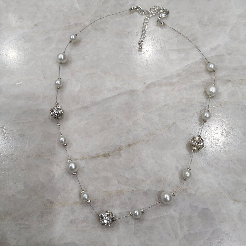 Vintage Faux Pearl Rhinestone Station Necklace Silver Tone